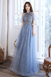 A-Line Off Shoulder Tulle Blue Long Prom Dress, Blue Lace Long Formal Dress
